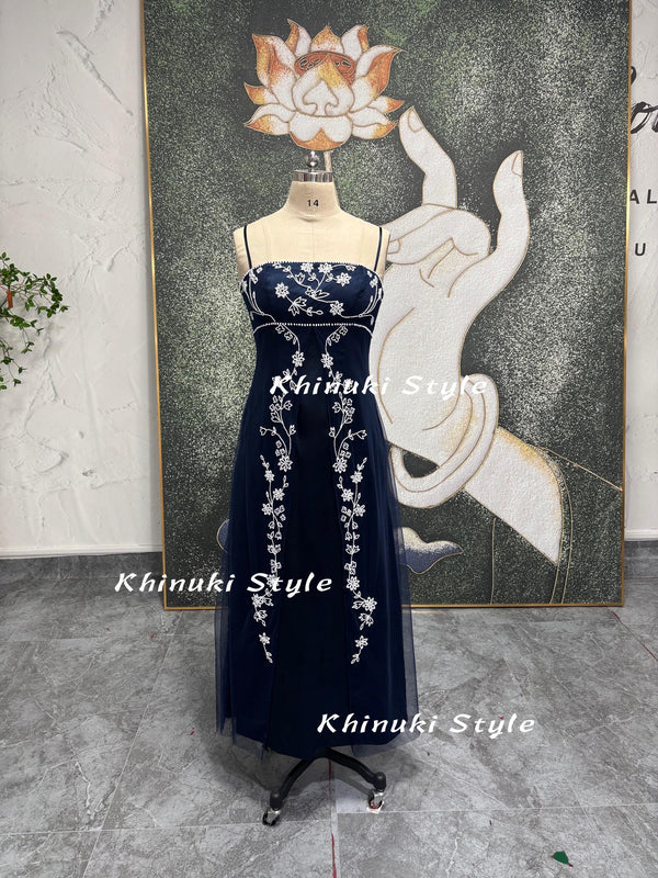 90S Maxi Fit Vintage Navy Blue Party Dress