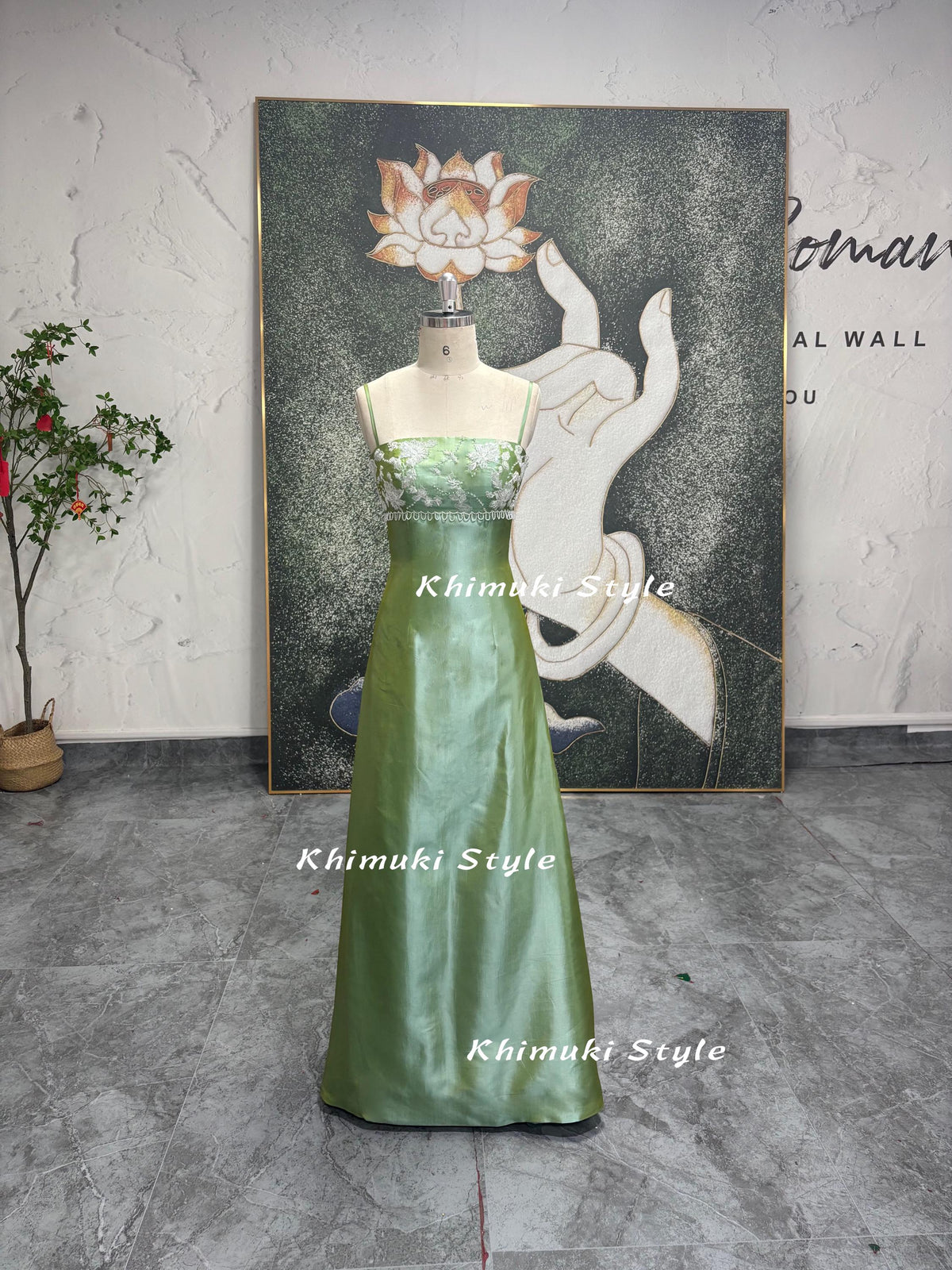 90S Spaghetti Strap Vintage Green Prom Dress 