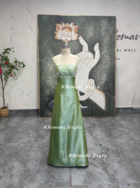90S Spaghetti Strap Vintage Green Prom Dress 