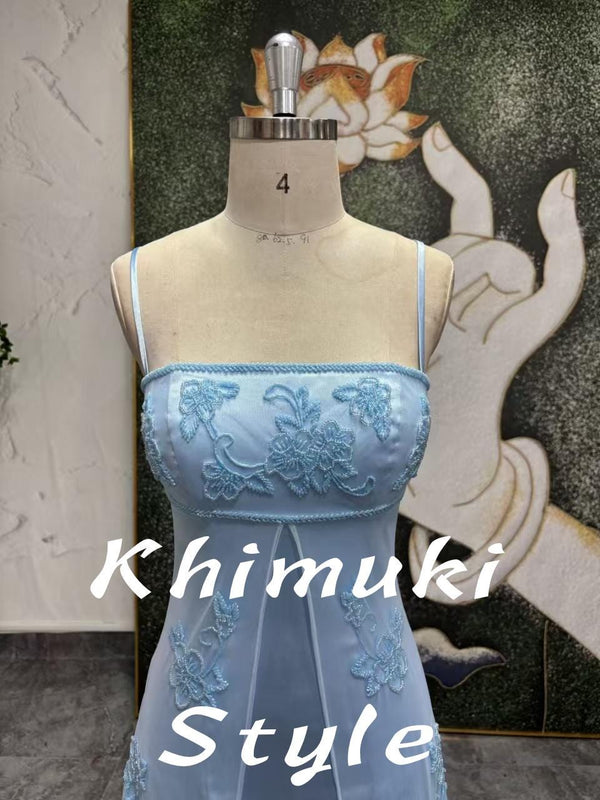 90s Spaghetti Strap Vintage Blue Prom Dress