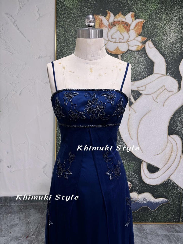 90s Vintage Navy Blue Prom Dress