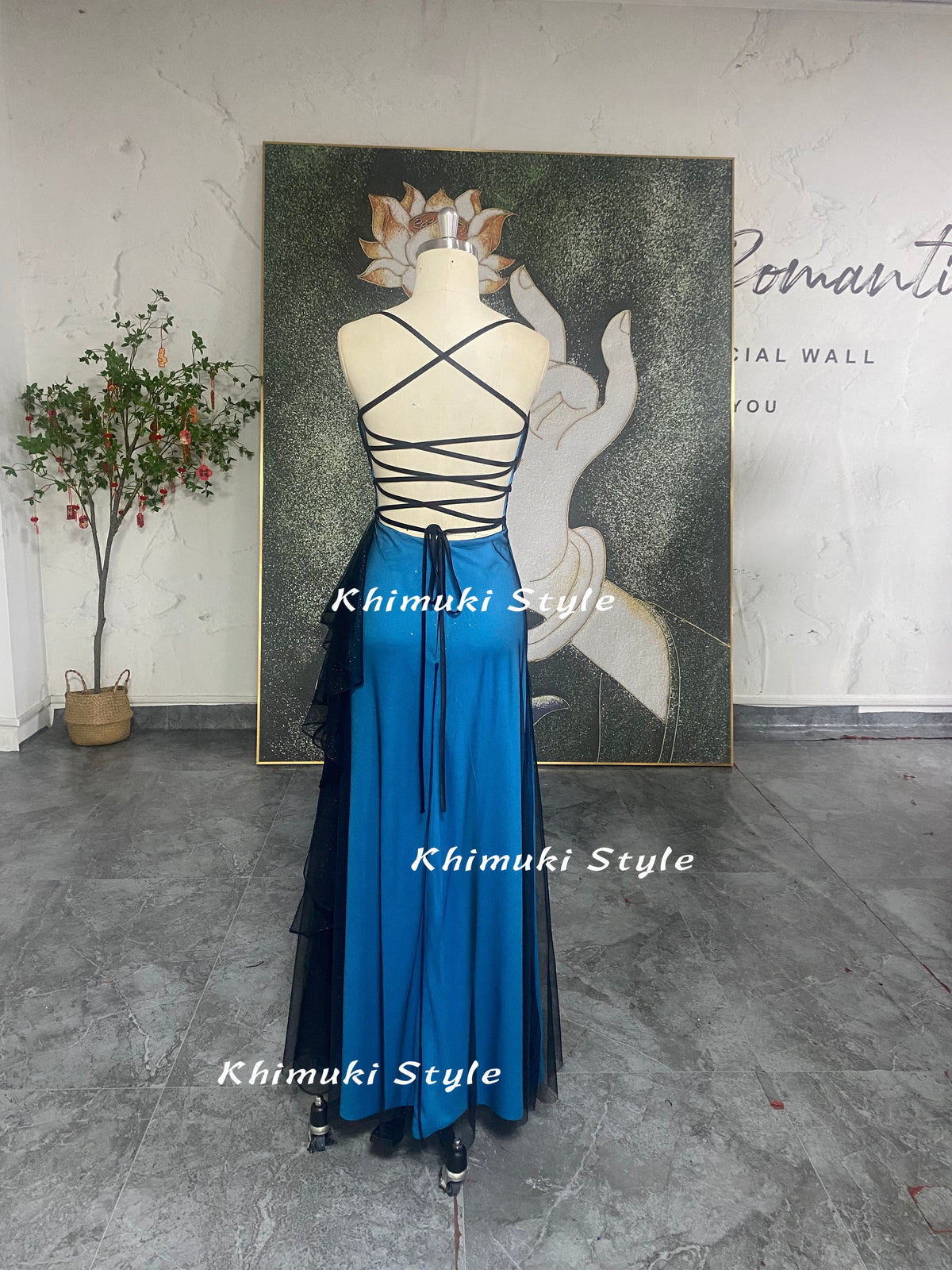 Backless Black and Blue 90s Prom Gown