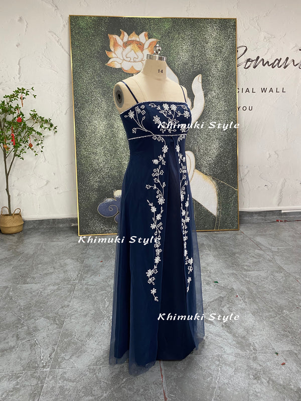 90s Navy Blue Prom Dress: Vintage Tulle & Silk Party Gown