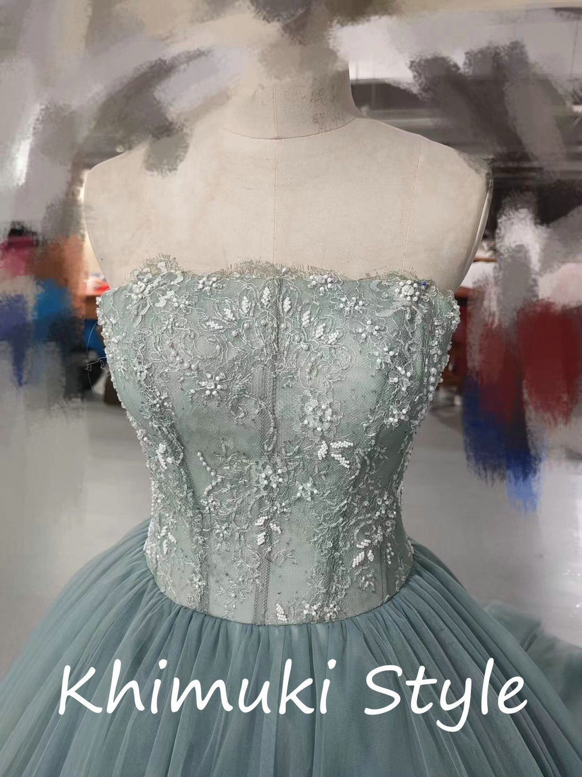  Maxi Dusty Blue Mesh Ball Gown