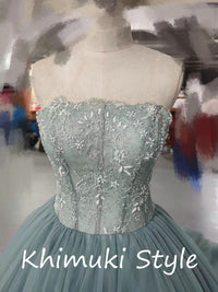  Maxi Dusty Blue Mesh Ball Gown