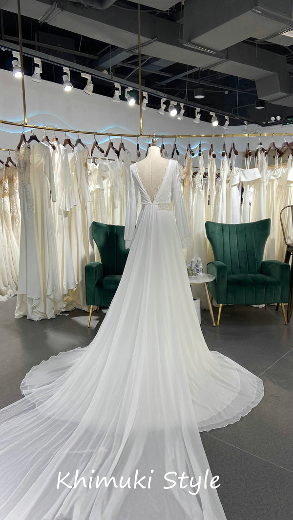 Long train V-back bridal dress