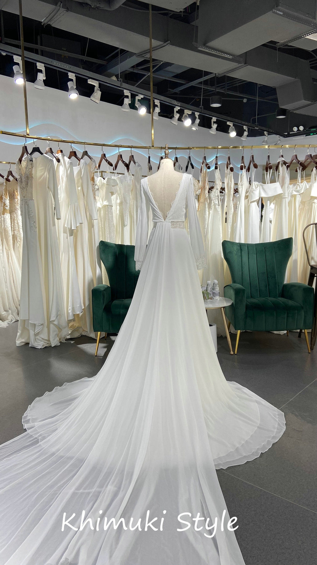 Long train V-back bridal dress