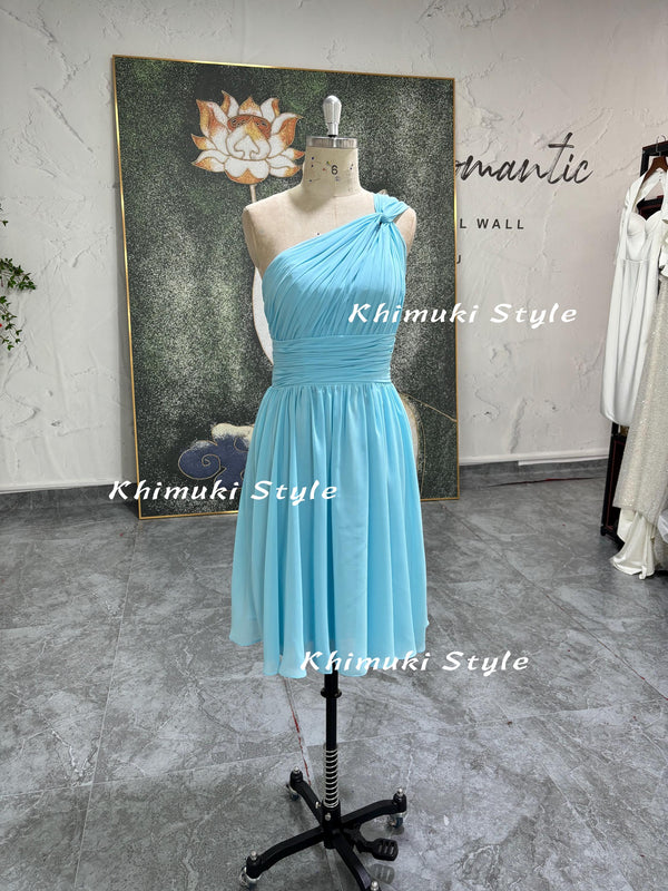 One Shoulder Blue Bridesmaid Dress