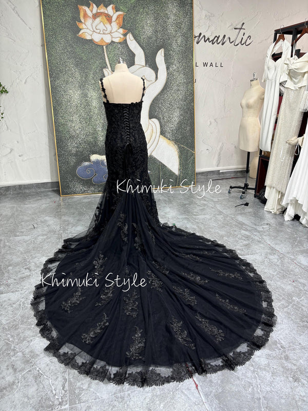 Black Floral Lace Wedding Dress