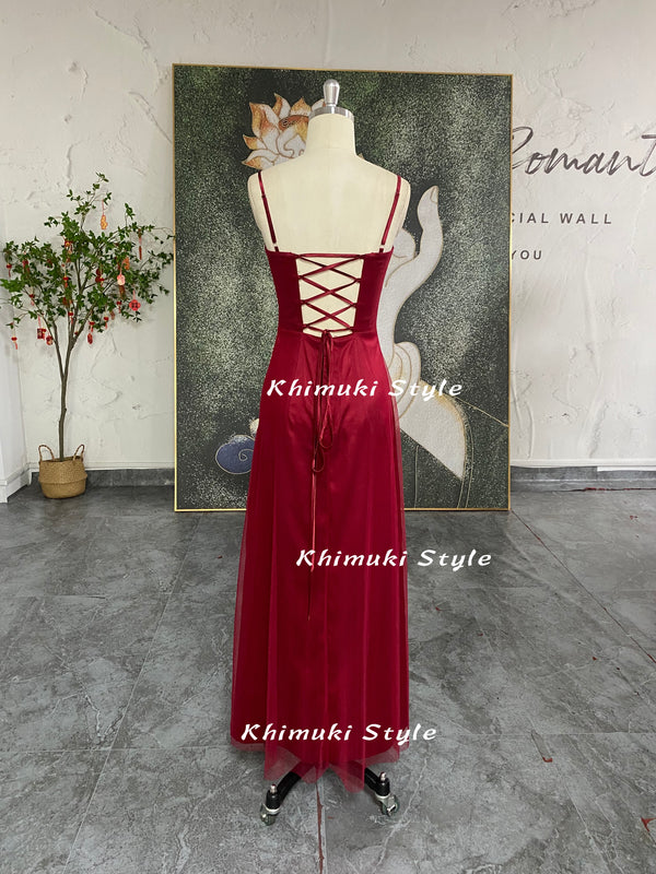 2000S Square Neckline Deep Red Prom Dress