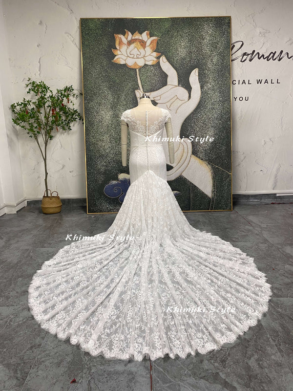 Mermaid Cap Sleeves French Lace Wedding gown