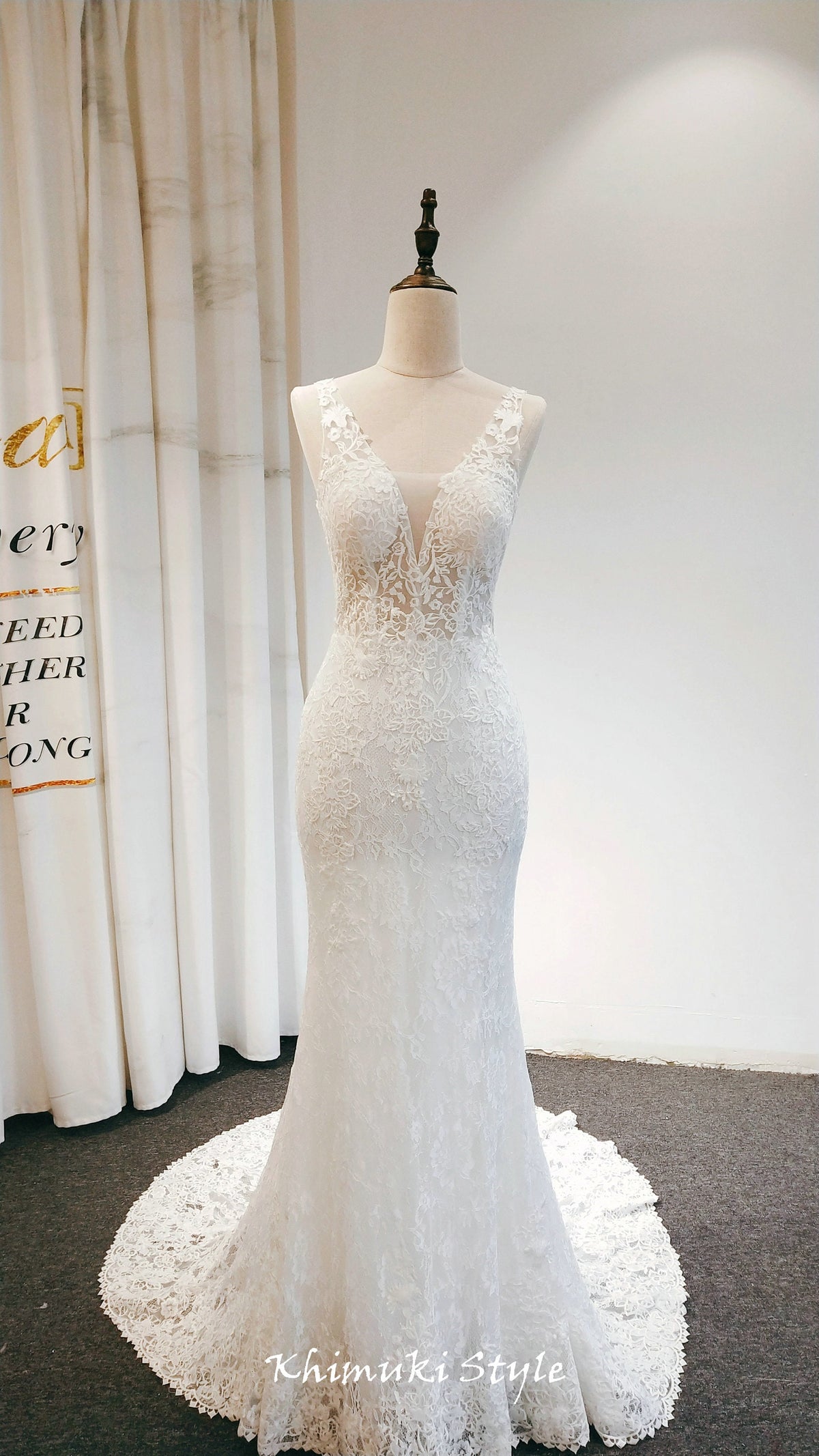 V-neck Sheer Lace Wedding Dress