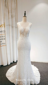 V-neck Sheer Lace Wedding Dress