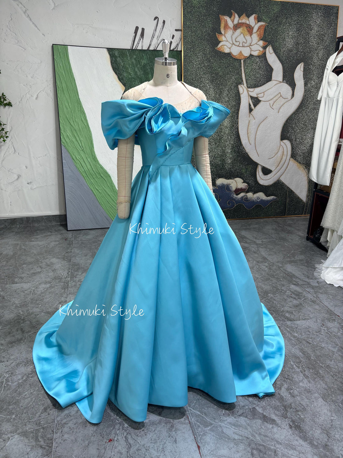 Off Shoulder Sleeve Blue Prom Dress