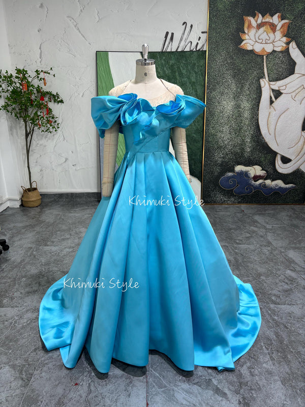 Off Shoulder Sleeve Blue Party Dress