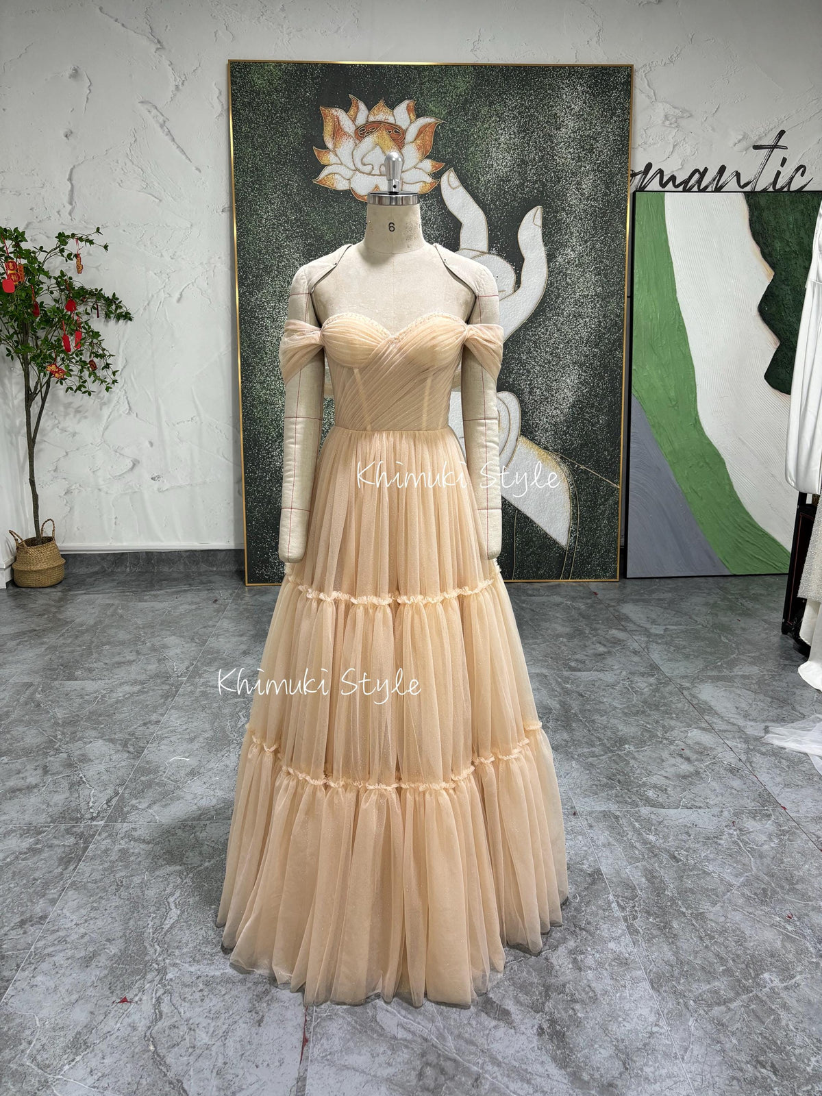 Off Shoulder Sleeve Tulle Wedding Dress