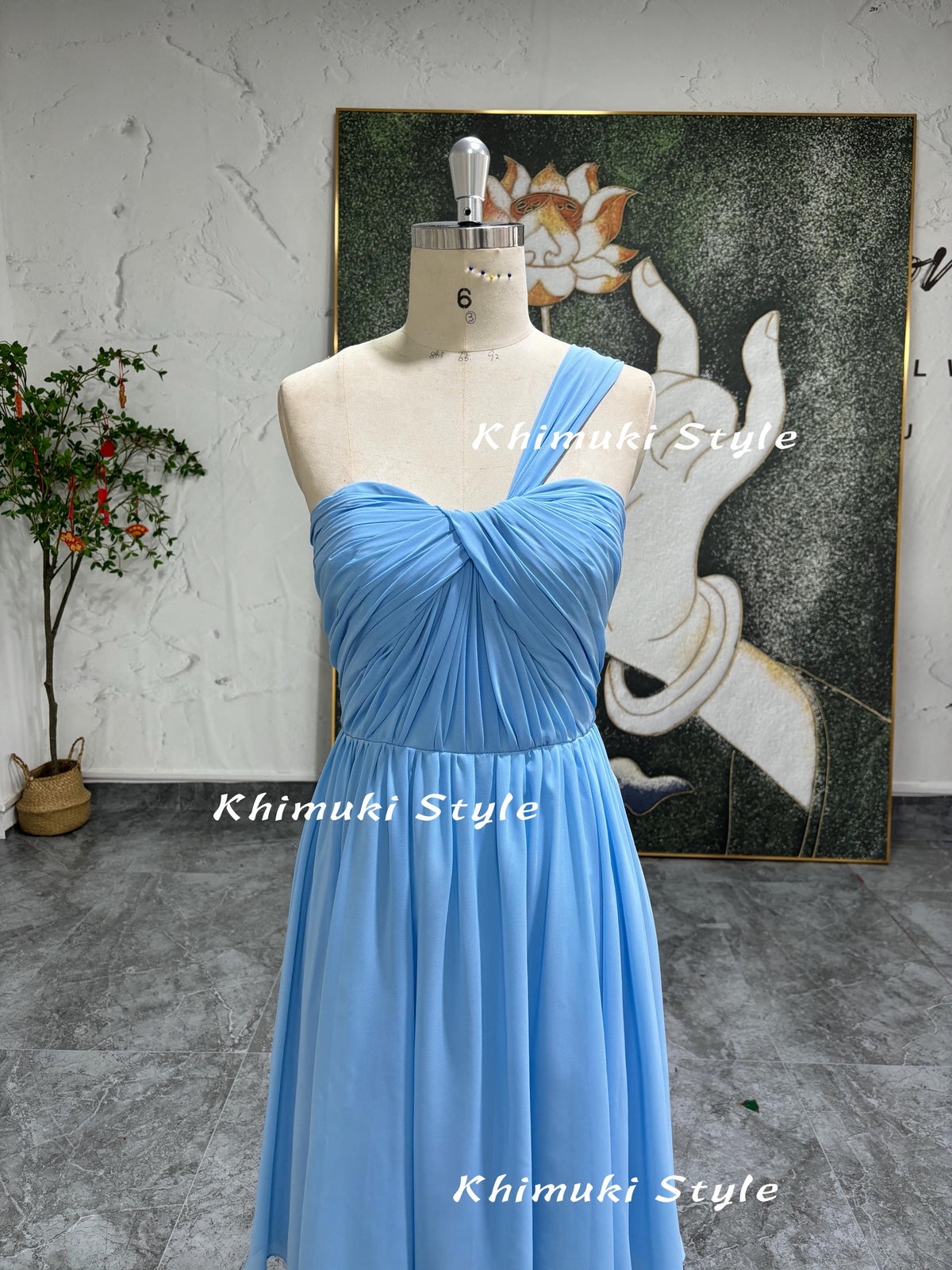 One Shoulder Blue Bridesmaid Dress 