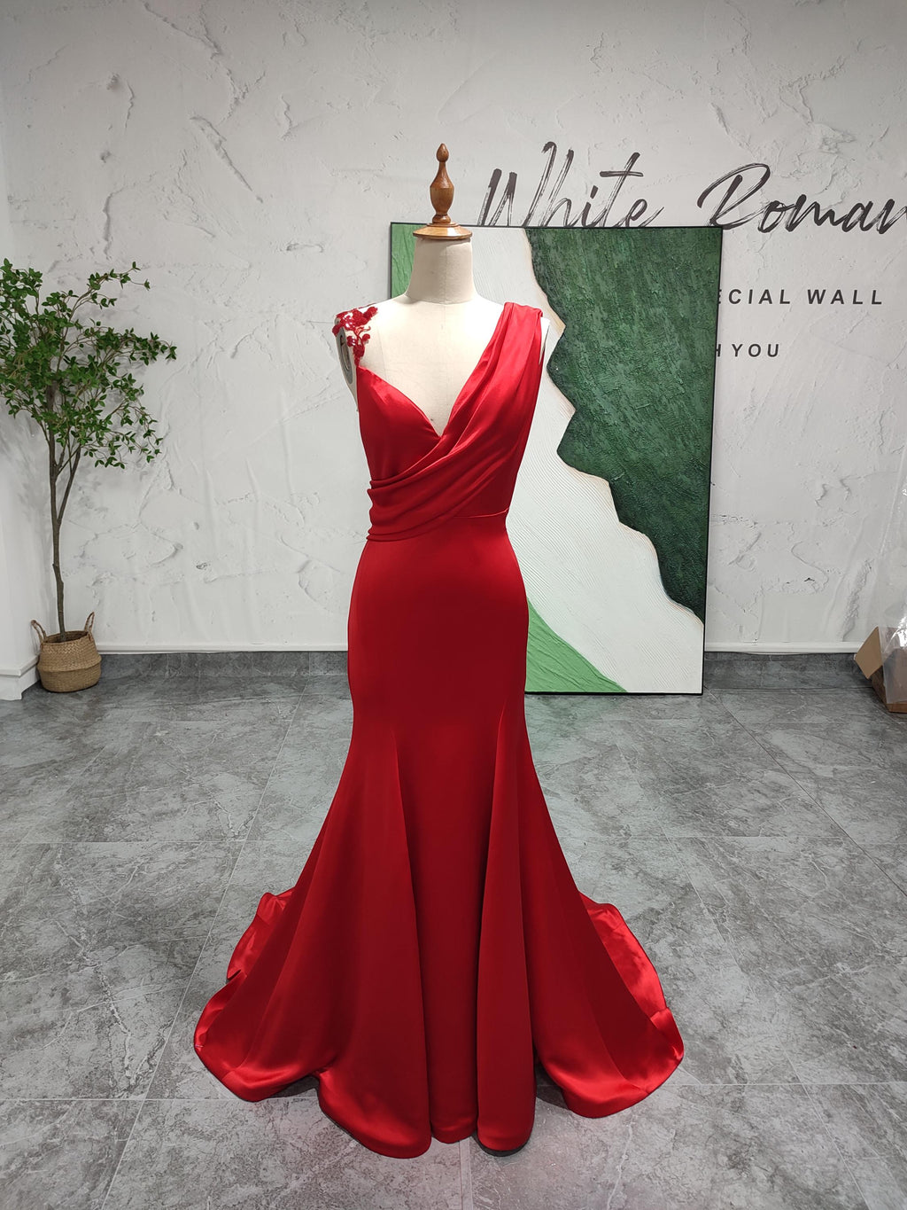 V-neck Red Bridal Dress