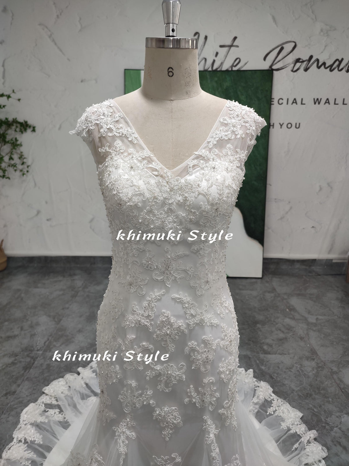 V-Neck Floral Lace Bridal Dress
