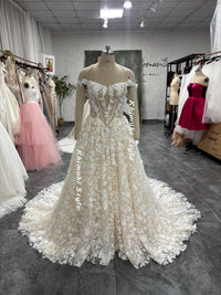 off shoulder floral lace wedding dress