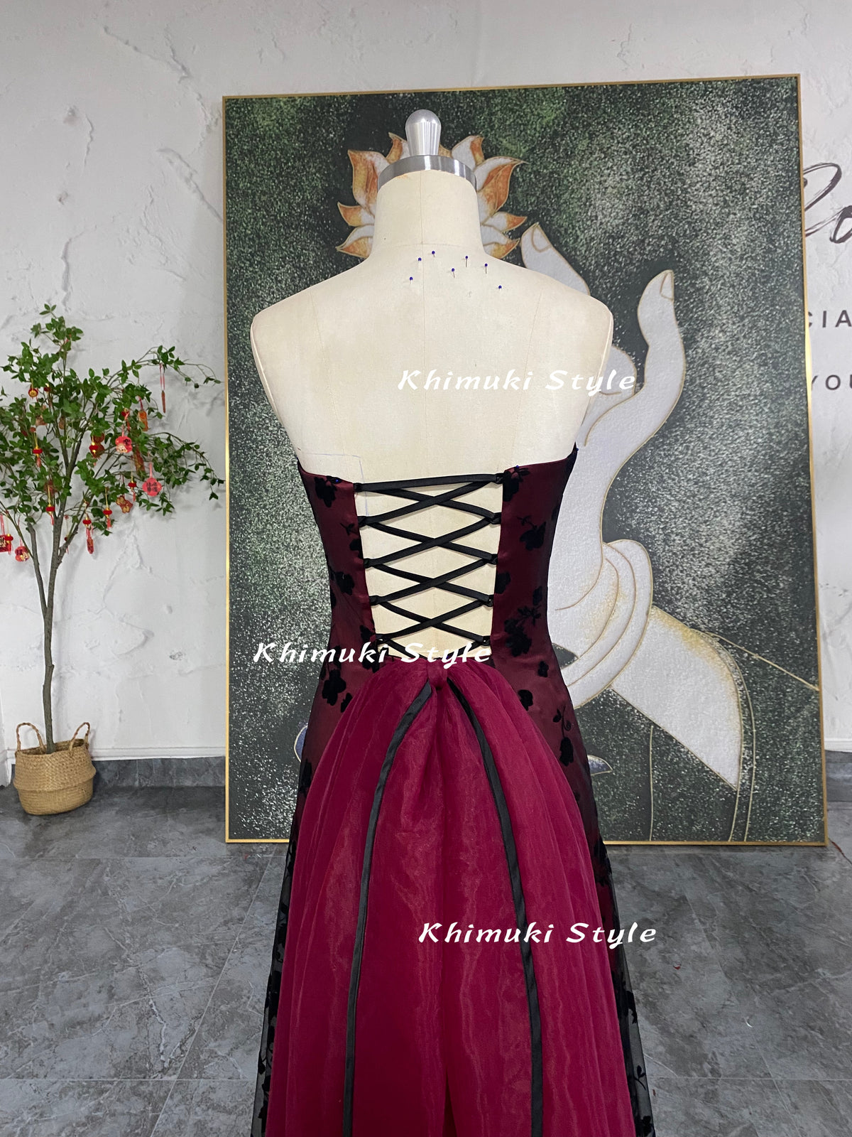 Vintage Red and Black Prom Dress,90s Strapless Party Dress