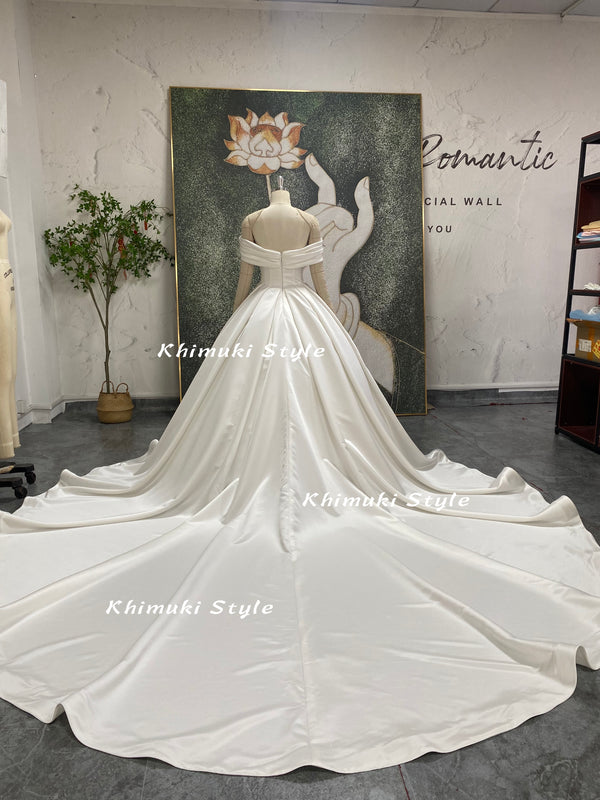 ball gown long train wedding dress