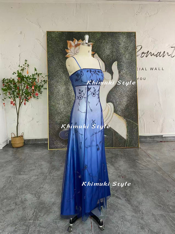 beaded blue ombre prom dress