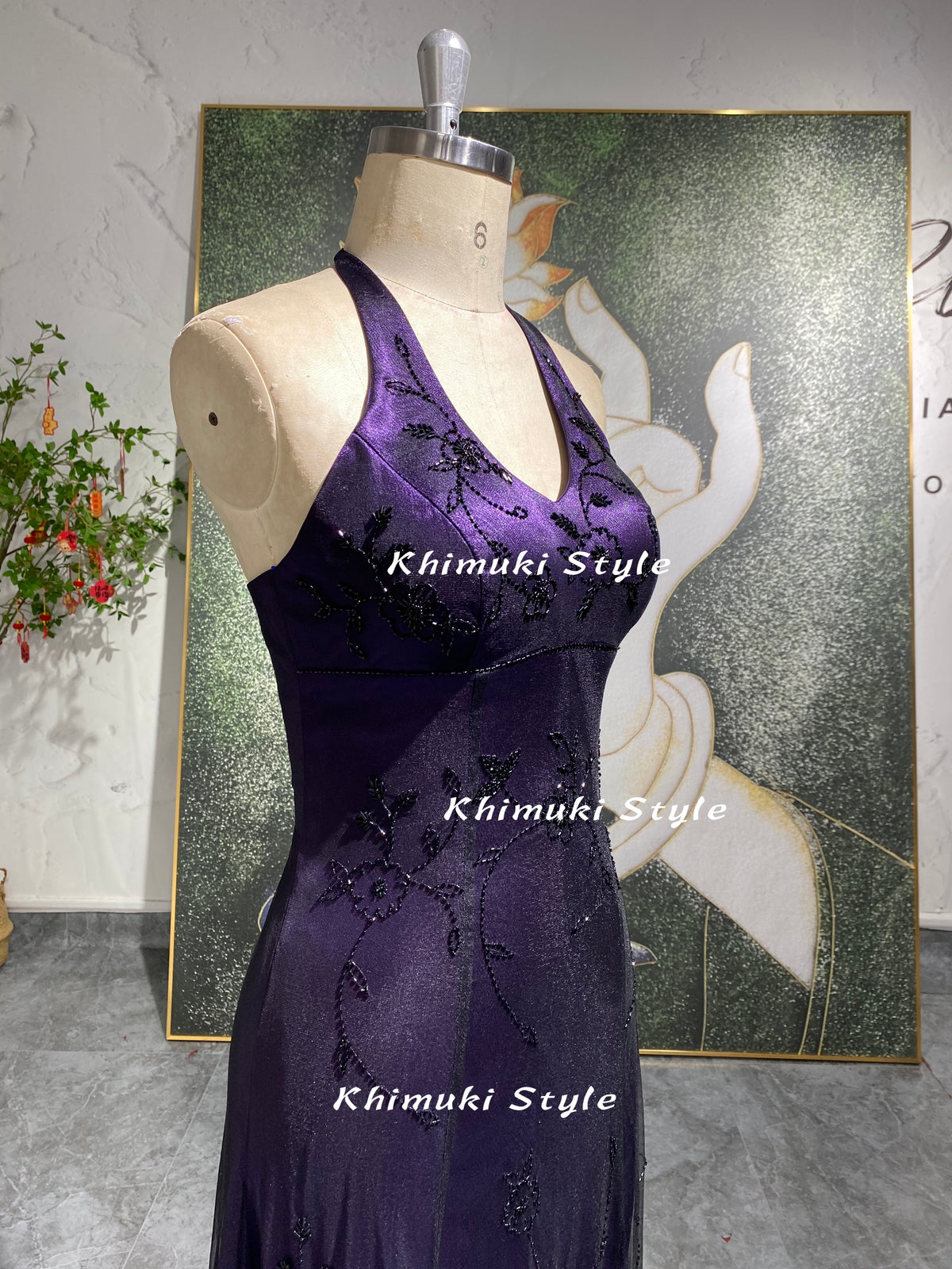 Vintage Halter Neckline Beaded Black and Purple Prom Dress – KhimukiStyle