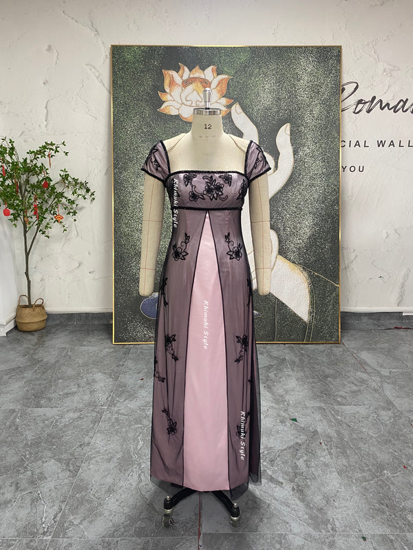 black and pink prom gown