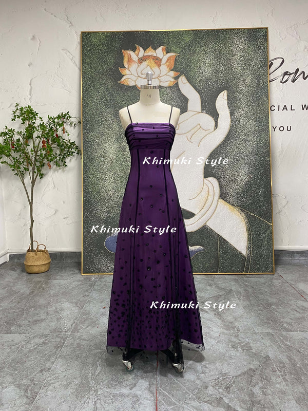 black and purple 90s prom gown