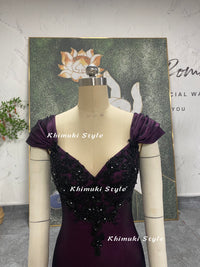 cap sleeve black and purple party dress