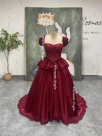 cap sleeve dark red prom dress