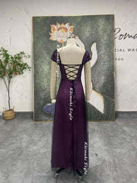 cap sleeves black and purple prom dress