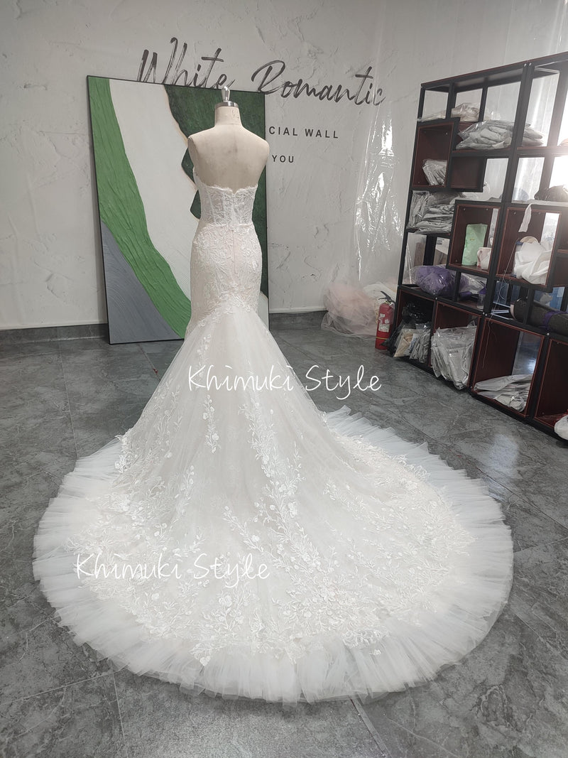 mermaid floral lace wedding dress