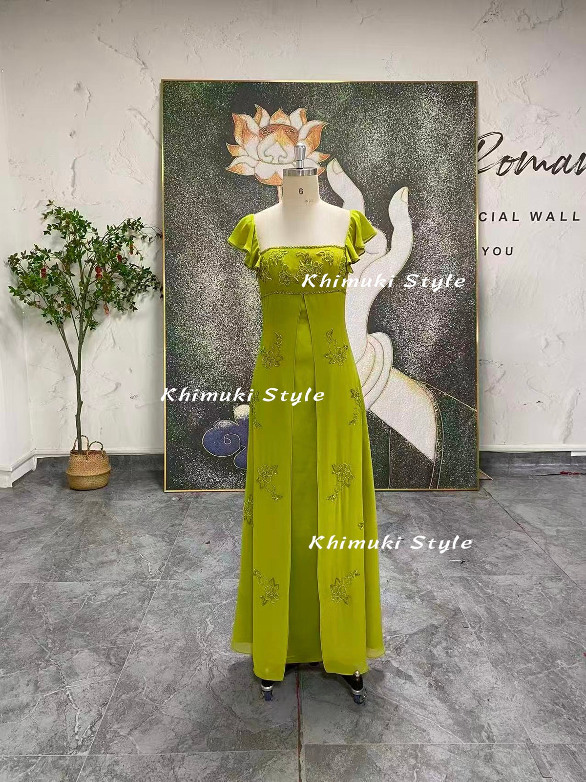 green short sleeve prom dress