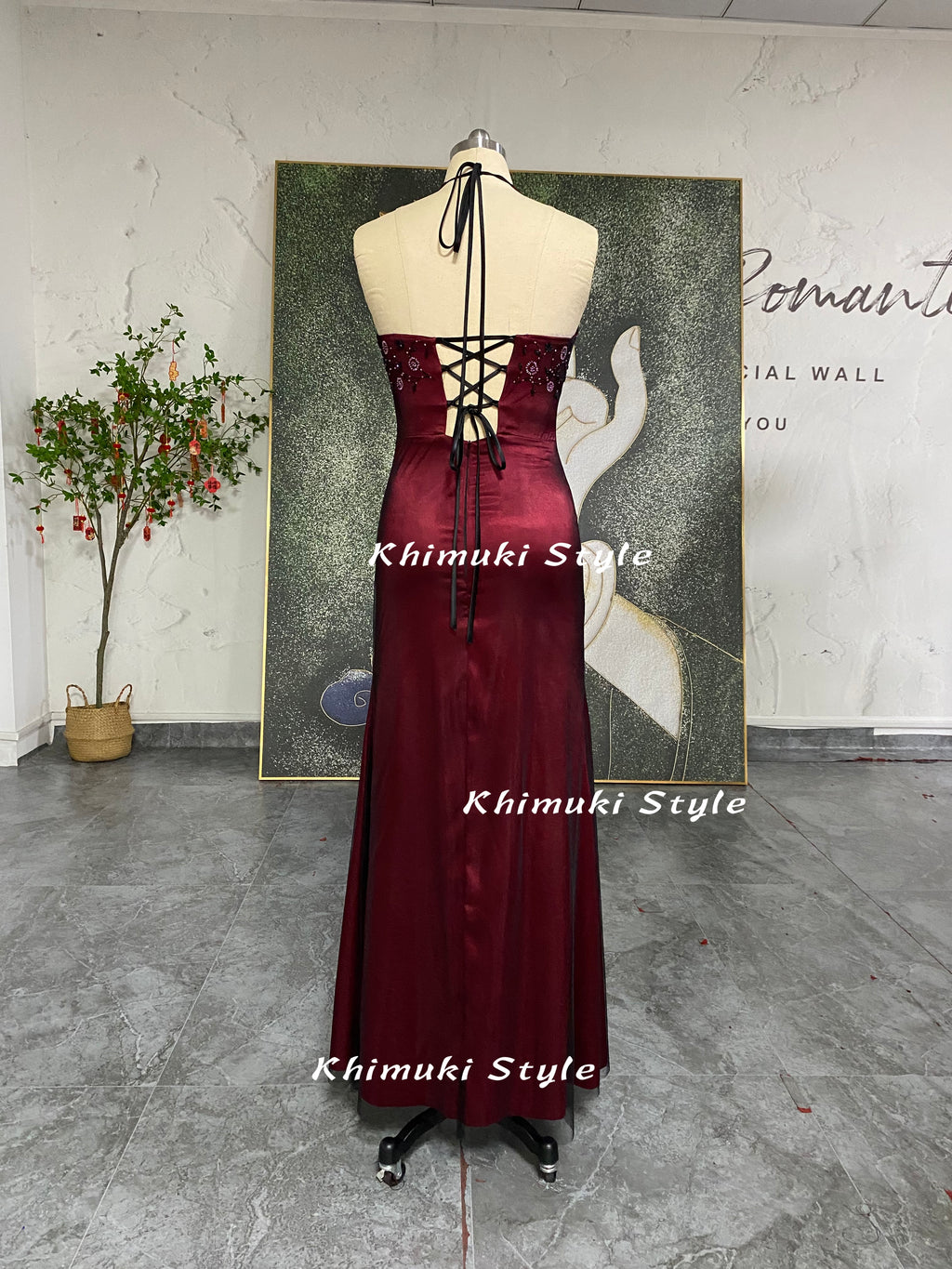 90S Halter Neckline Beaded Black and Red Prom Dress – KhimukiStyle
