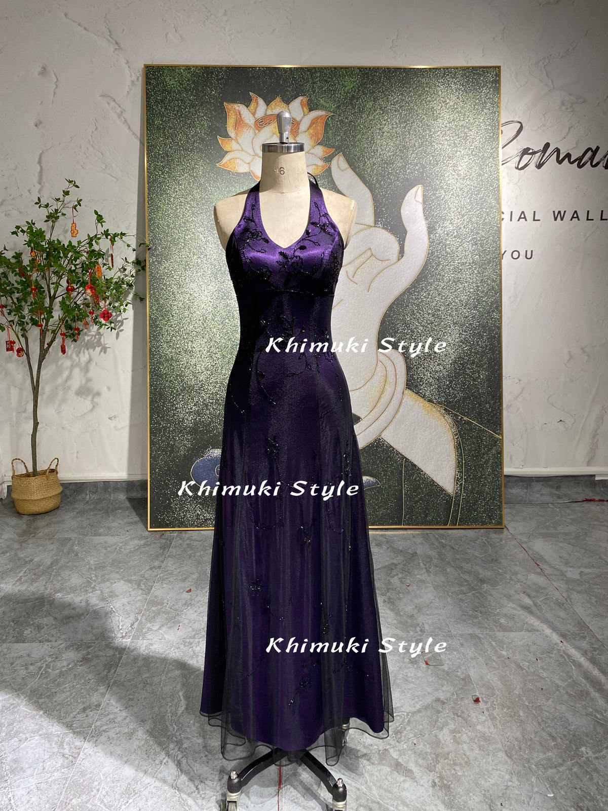 Vintage Halter Neckline Beaded Black and Purple Prom Dress – KhimukiStyle