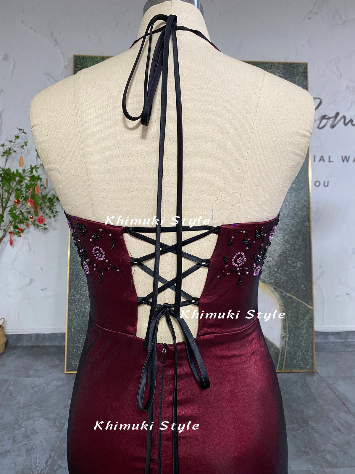 90S Halter Neckline Beaded Black and Red Prom Dress