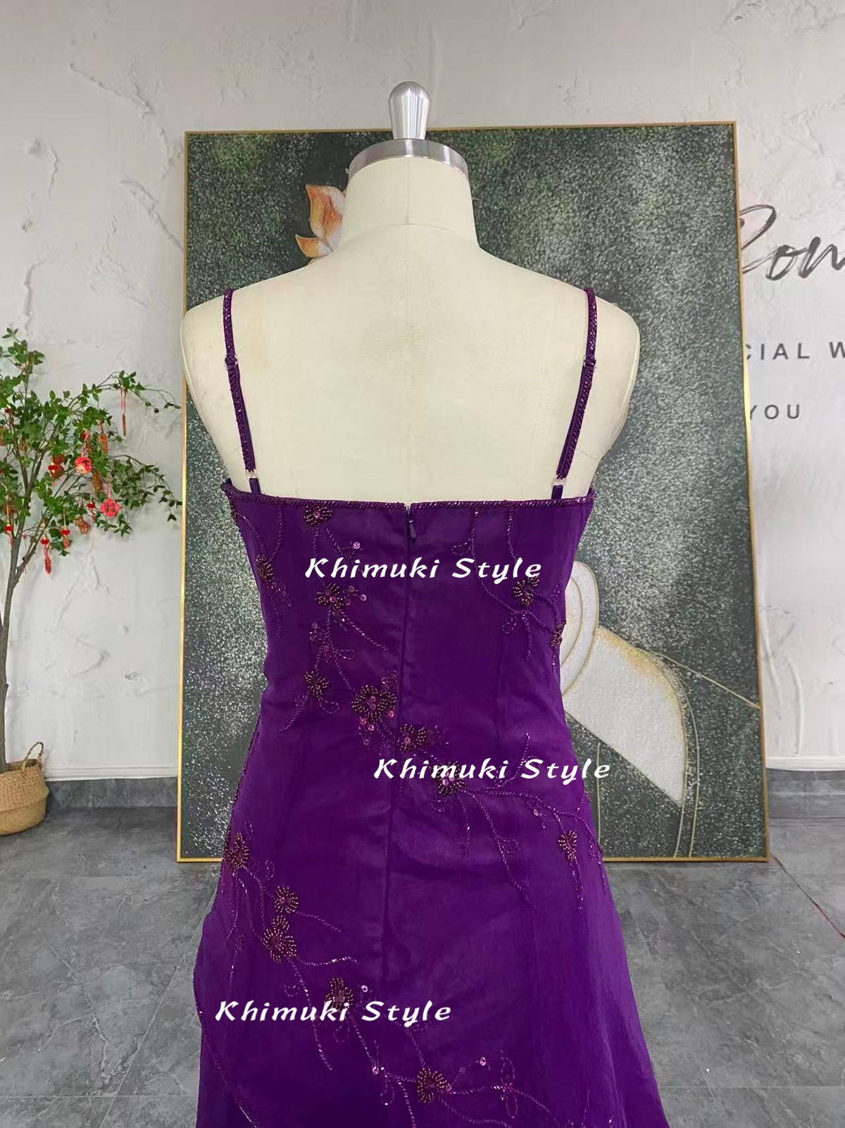 handmade beaded purple prom gown