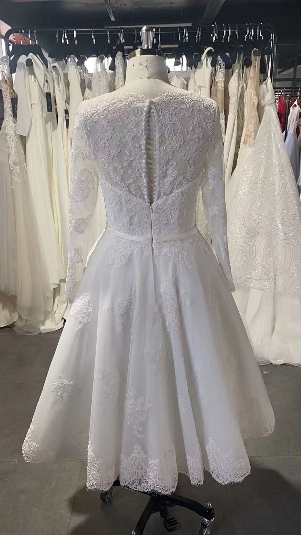 Vintage Short Long Sleeve Lace Wedding Dress
