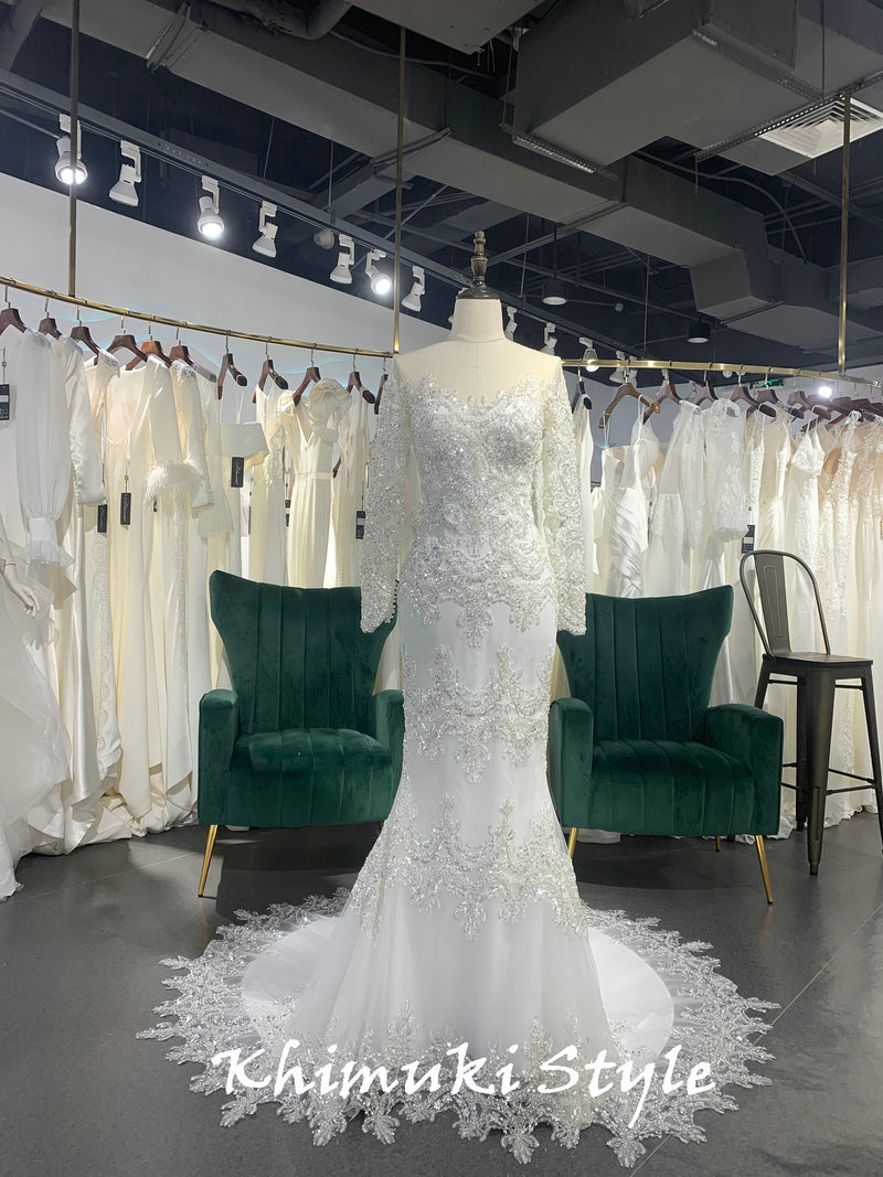 Mermaid Long Sleeve Lace Wedding Dress with Beads
