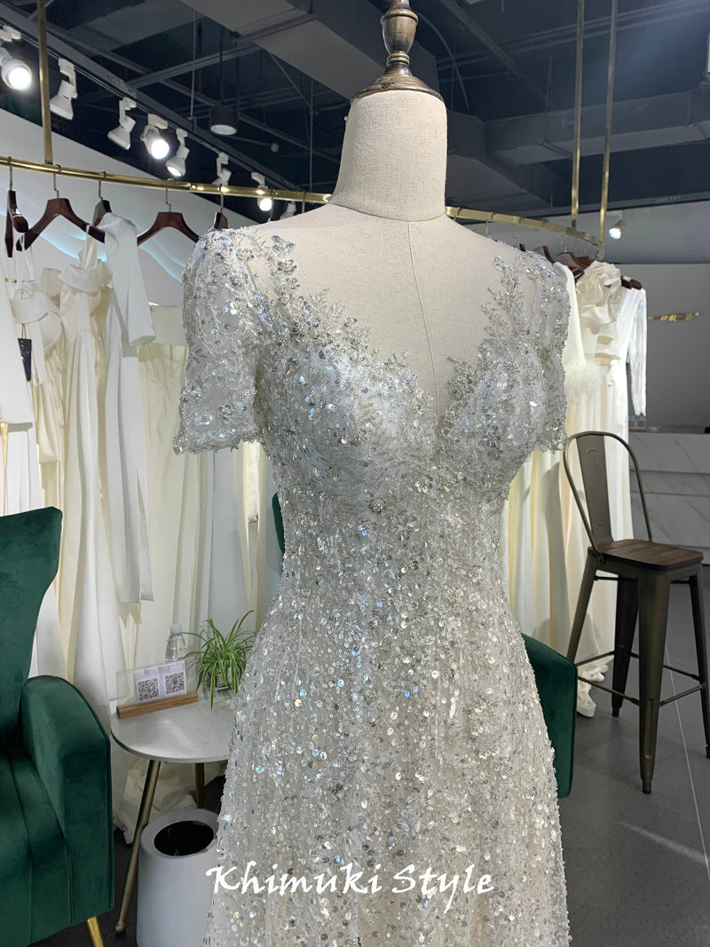 Short Sleeve Sparkle Sequins Wedding Dress