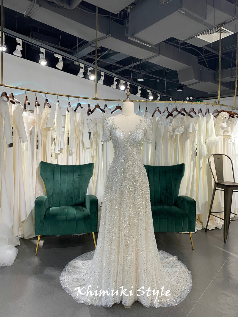 Short Sleeve Sparkle Sequins Wedding Dress