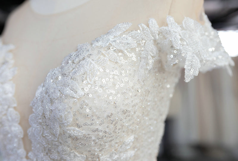 Fit and Flare Short Sleeve Sheer Lace Wedding Dress