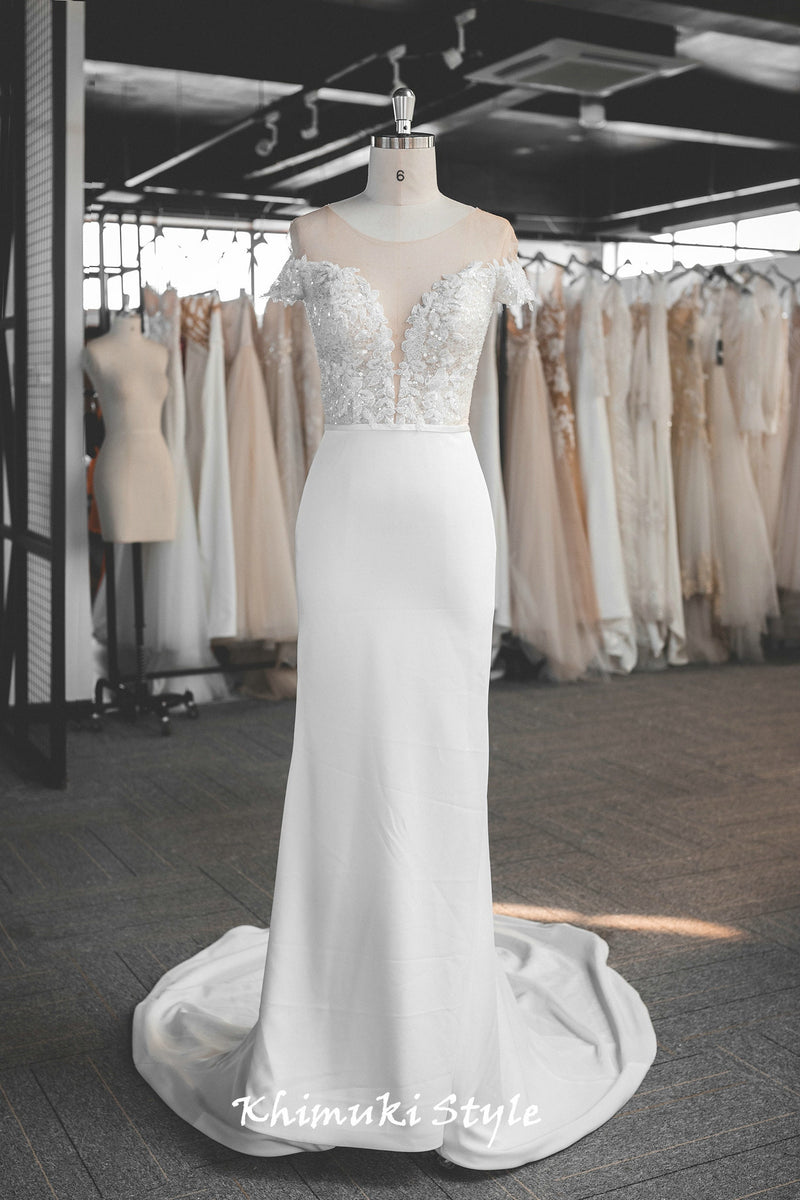 Fit and Flare Short Sleeve Sheer Lace Wedding Dress