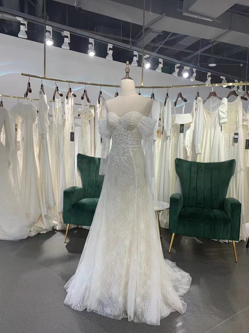 Vintage Off Shoulder Long Sleeve Boho Wedding Dress