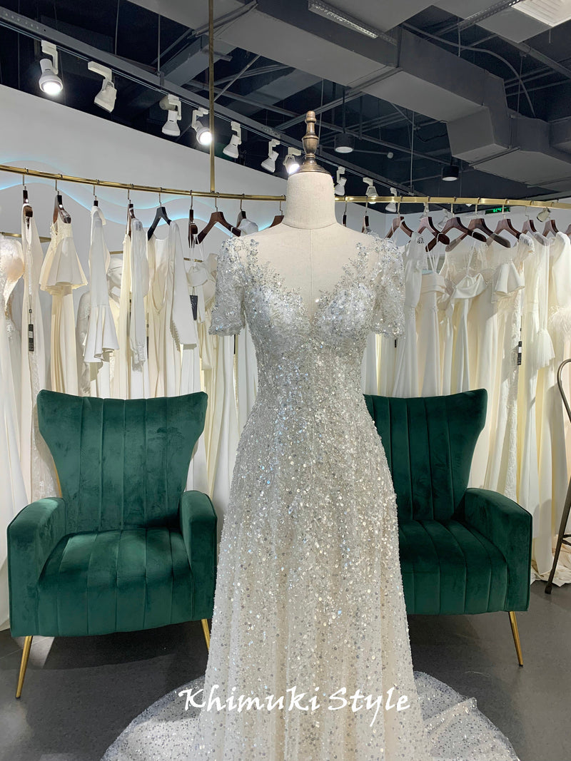 Short Sleeve Sparkle Sequins Wedding Dress