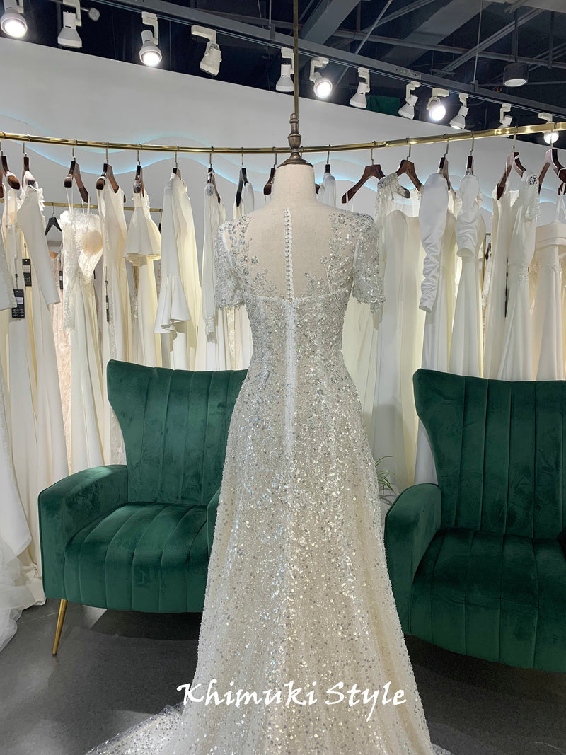 Short Sleeve Sparkle Sequins Wedding Dress