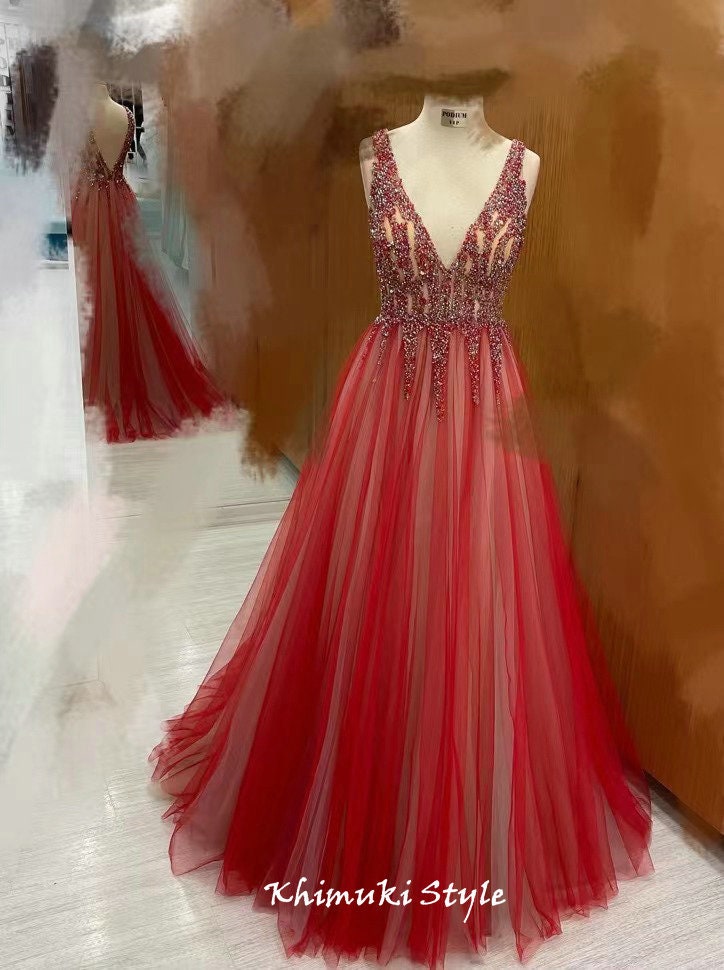 Ball Gown Handmade Beaded Red Prom Dress