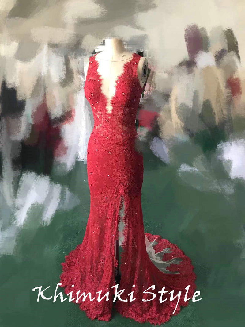 Fit and Tight Deep Red Lace Prom Dress